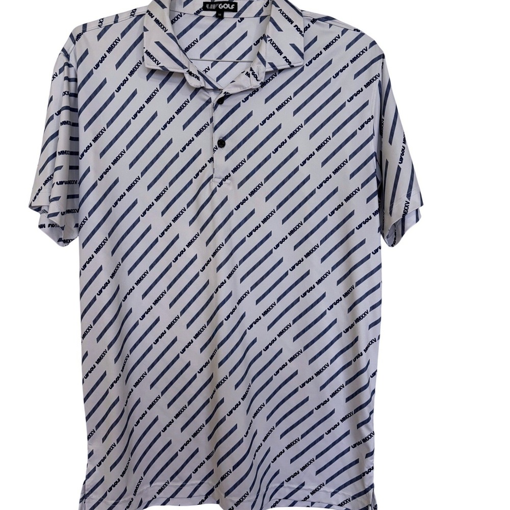 LIV GOLF MMXXV Mens White Navy Blue Diagonal Stripe Performance Polo M Golf